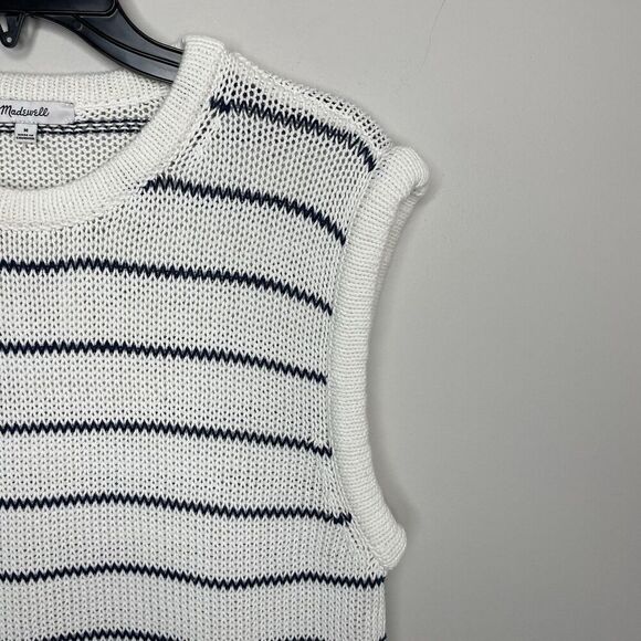 MADEWELL Sweater Vest Women M Puff-Trim Cotton Linen Pullover NEW Stripe NQ977 - Picture 5 of 14